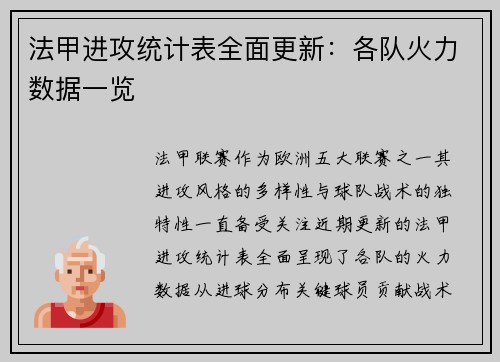 法甲进攻统计表全面更新：各队火力数据一览