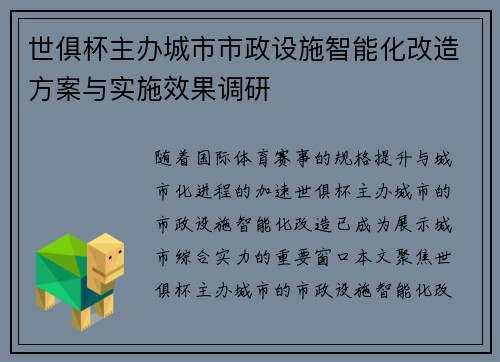 世俱杯主办城市市政设施智能化改造方案与实施效果调研