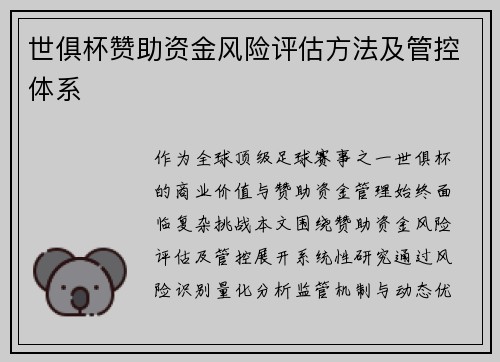 世俱杯赞助资金风险评估方法及管控体系