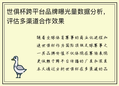 世俱杯跨平台品牌曝光量数据分析，评估多渠道合作效果