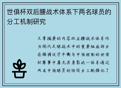 世俱杯双后腰战术体系下两名球员的分工机制研究