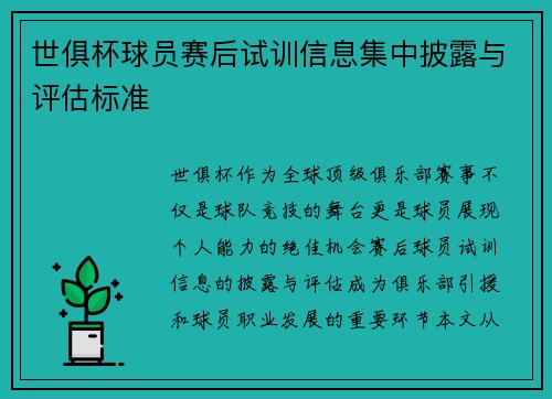 世俱杯球员赛后试训信息集中披露与评估标准
